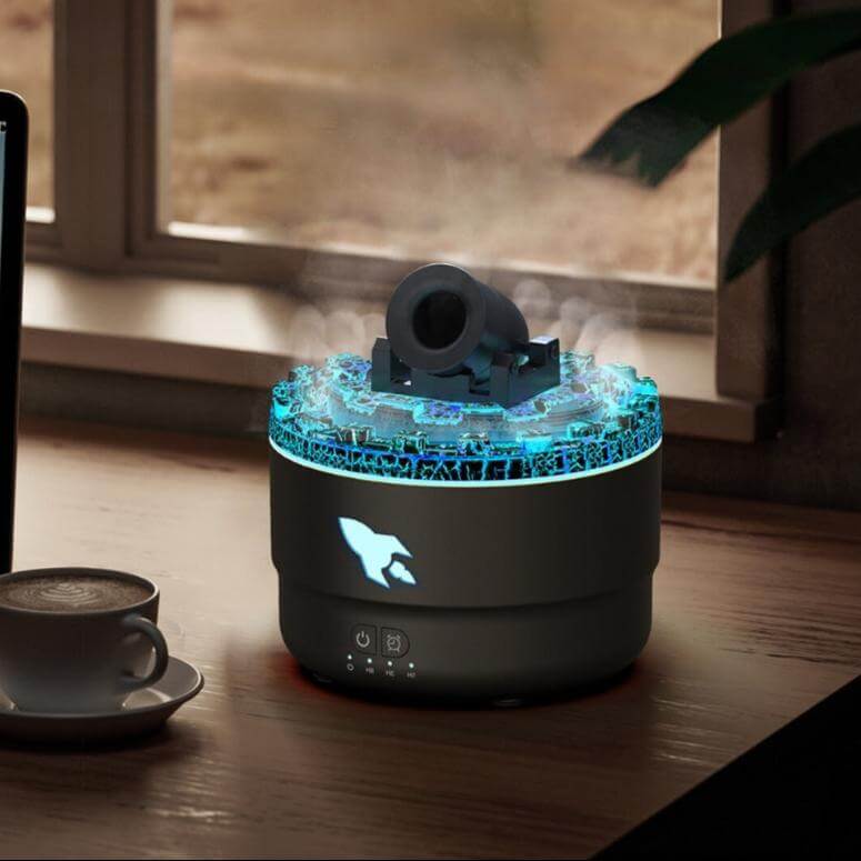 CannonAir™ humidifier with glowing blue design and steam, enhancing home ambiance and comfort.