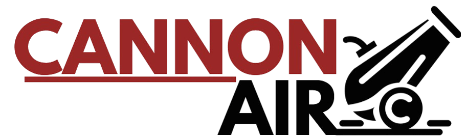 Logo of Cannon Air, featuring bold red lettering and a graphic of a cannon, symbolizing strength and power.