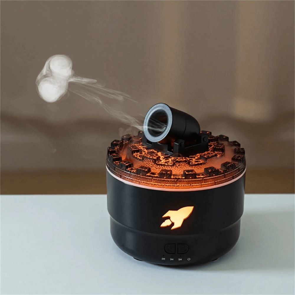 CannonAir™ vaporizer releasing aromatic smoke, featuring sleek black design and illuminated base. Ideal for enhancing ambiance.